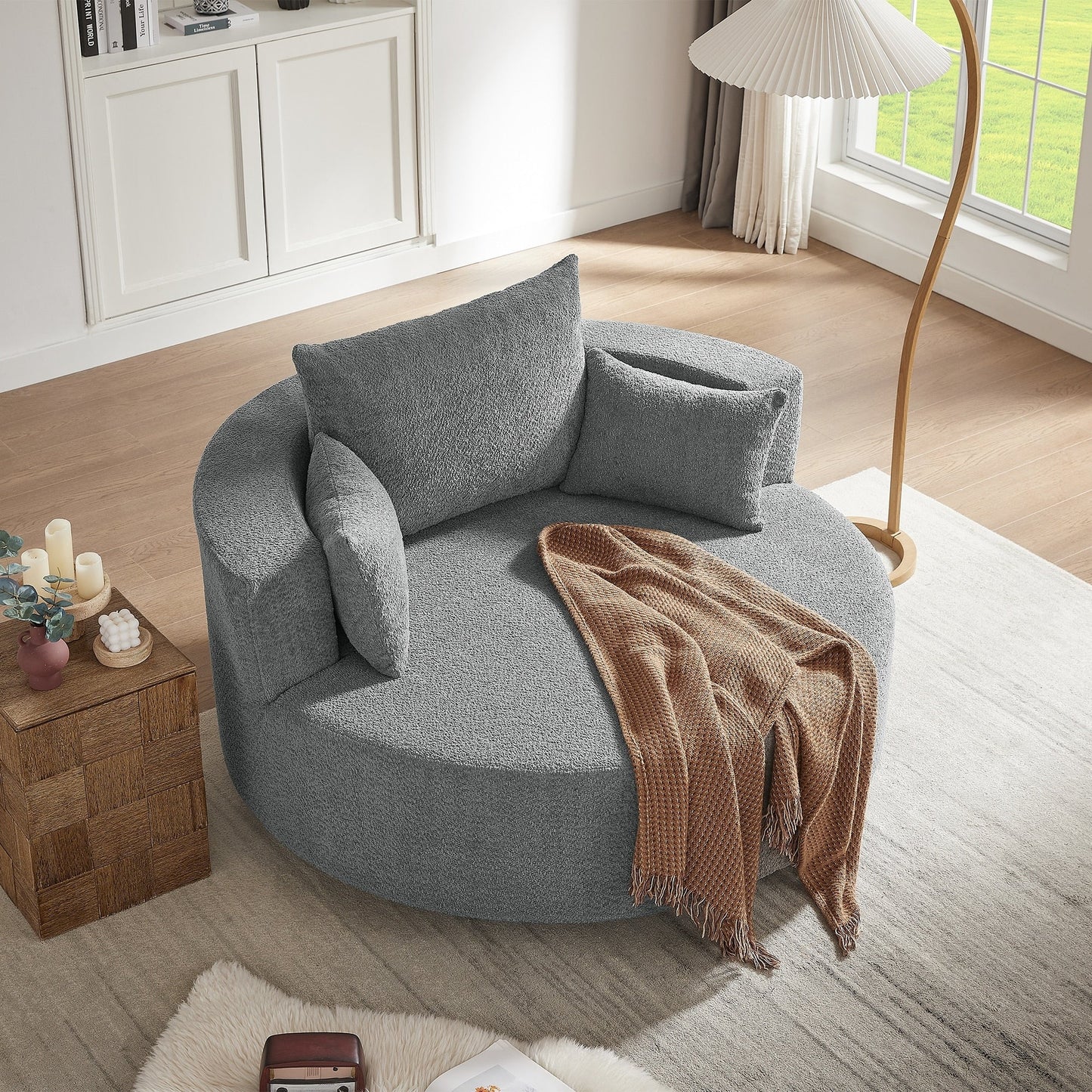 Fauteuil d'appoint en chenille, fauteuil rond avec base pivotante à 360 degrés et 3 coussins amovibles