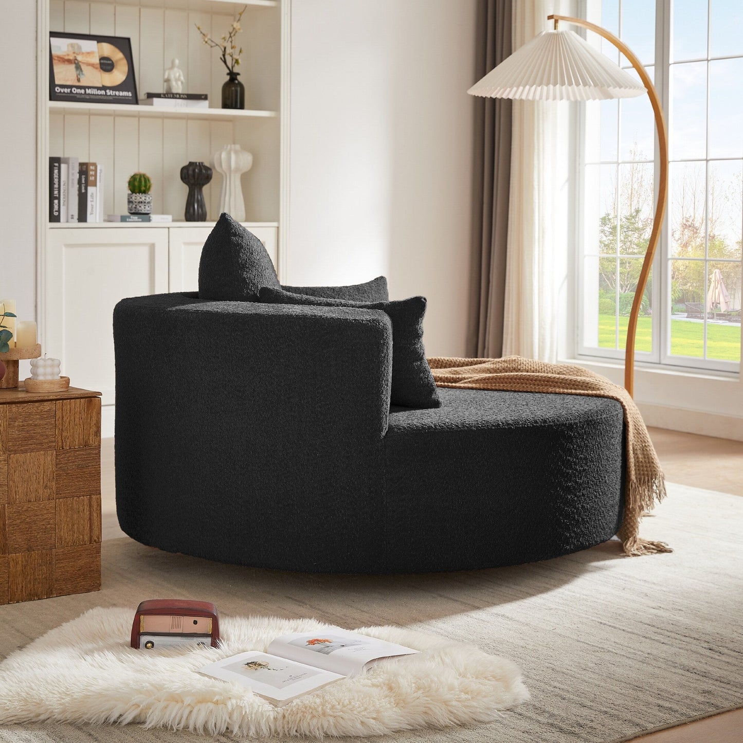 Fauteuil d'appoint en chenille, fauteuil rond avec base pivotante à 360 degrés et 3 coussins amovibles
