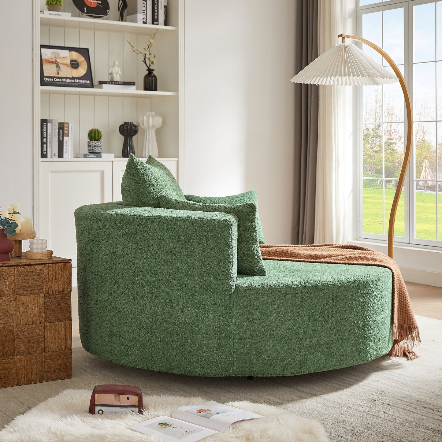 Fauteuil d'appoint en chenille, fauteuil rond avec base pivotante à 360 degrés et 3 coussins amovibles