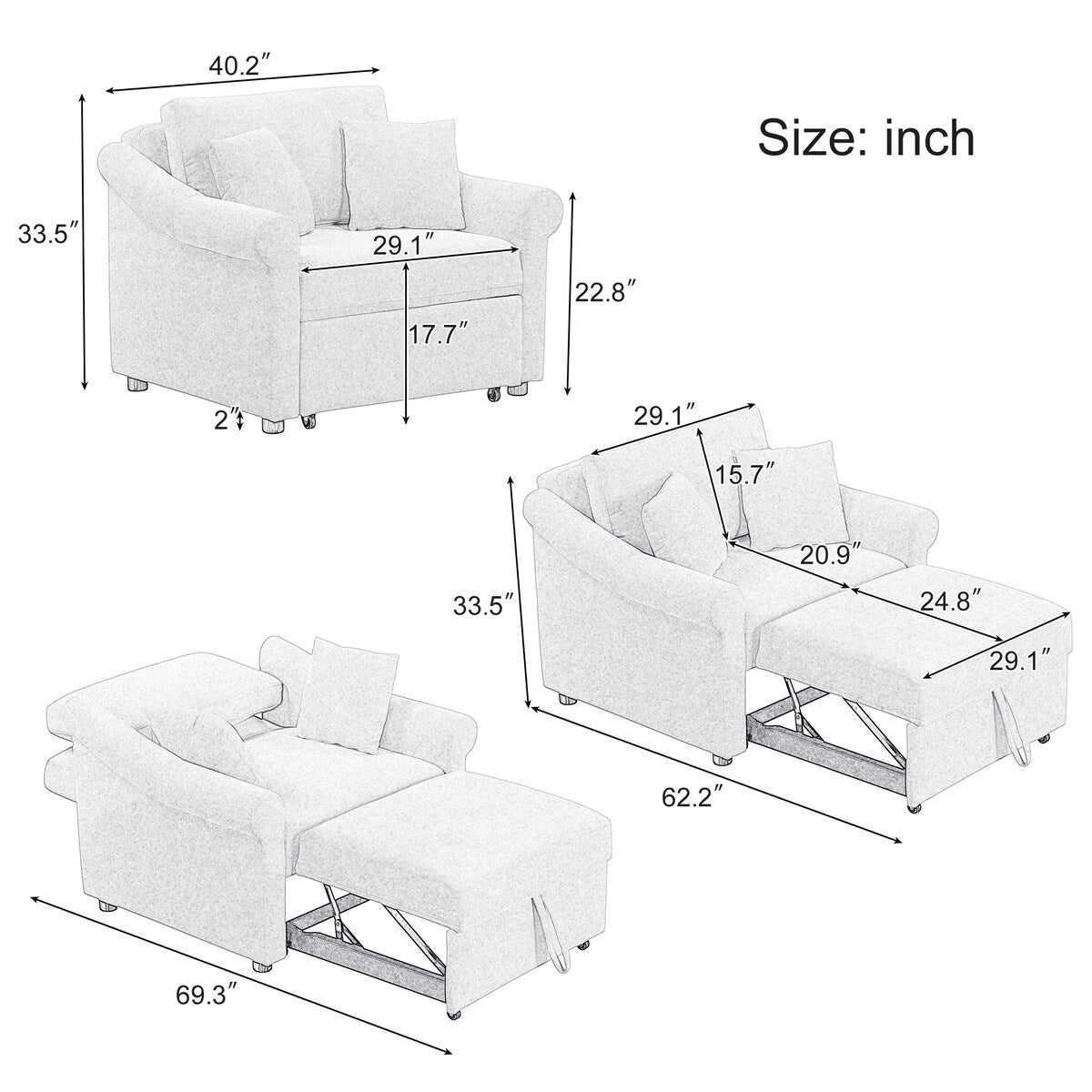 Fauteuil convertible en chenille avec dossier réglable, 3 en 1, transformable en lit, lit simple pour salon