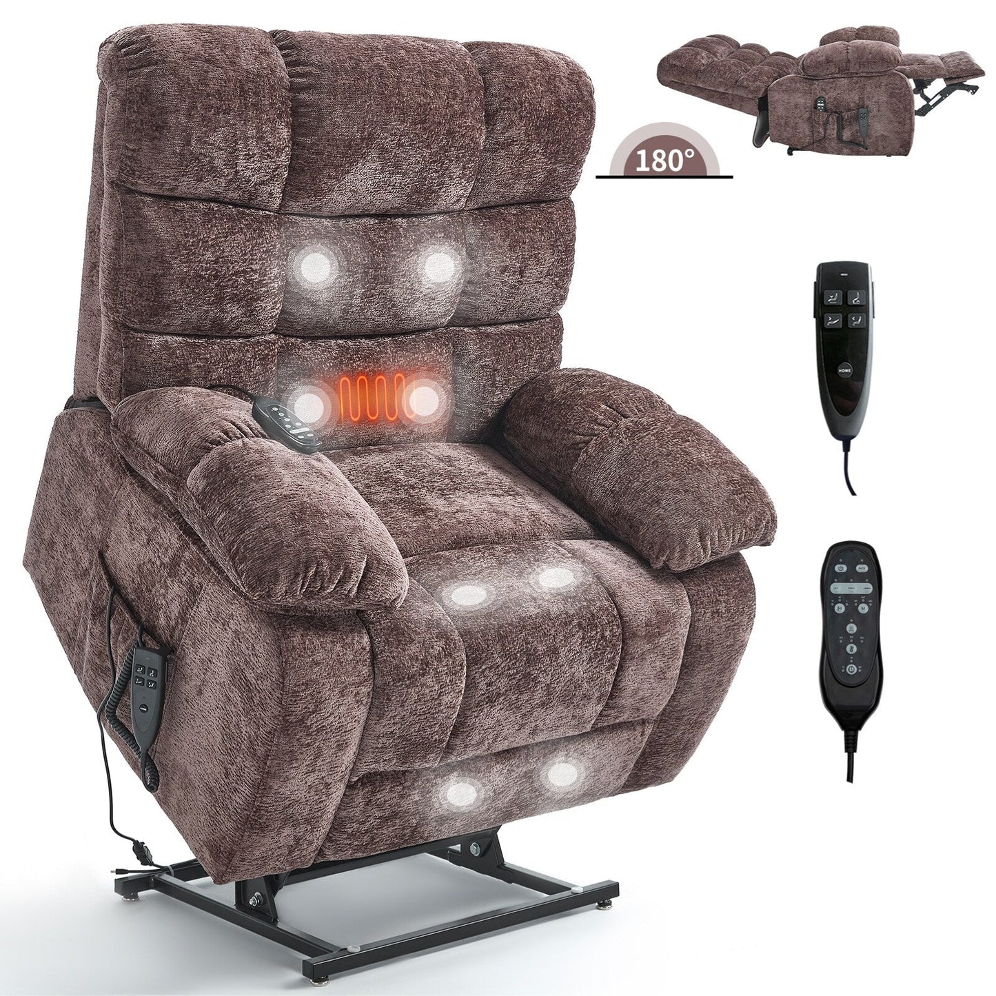 Fauteuil inclinable électrique Chenille à double moteur et position infinie, fauteuil inclinable surdimensionné avec massage thermique et télécommande électrique