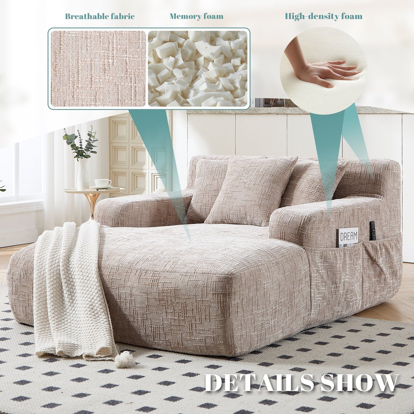 Canapé-lit en chenille avec coussins - Fauteuil convertible avec accoudoirs, canapé-lit multi-positions pour salon