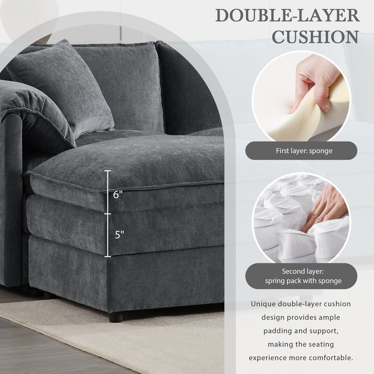 Canapé modulaire sectionnel en chenille avec assise profonde et large, ensemble de canapés nuage en L avec coussins doubles, canapé avec pouf amovible