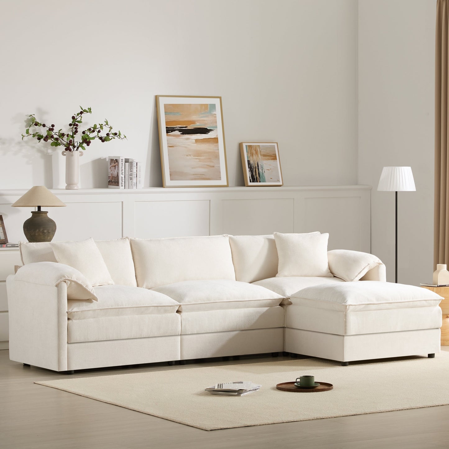 Canapé modulaire sectionnel en chenille avec assise profonde et large, ensemble de canapés nuage en L avec coussins doubles, canapé avec pouf amovible