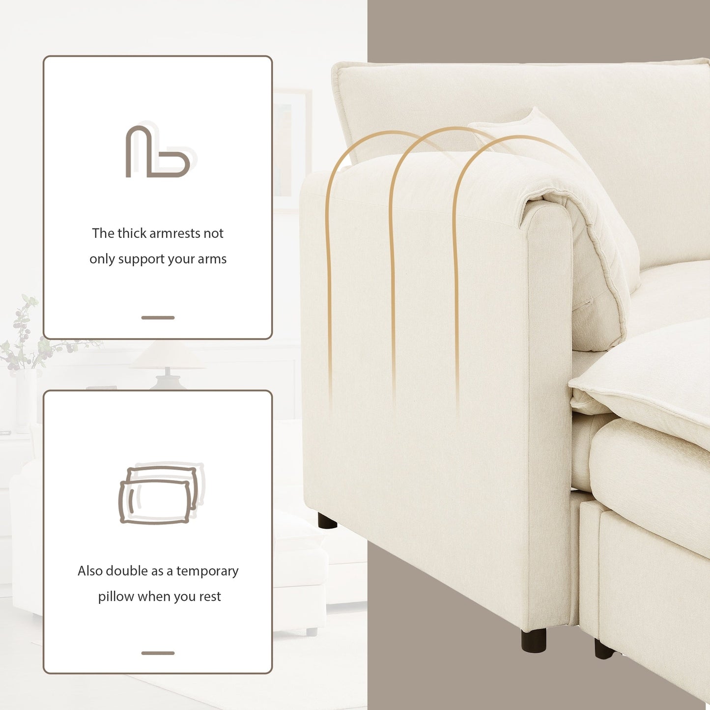 Canapé modulaire sectionnel en chenille avec assise profonde et large, ensemble de canapés nuage en L avec coussins doubles, canapé avec pouf amovible