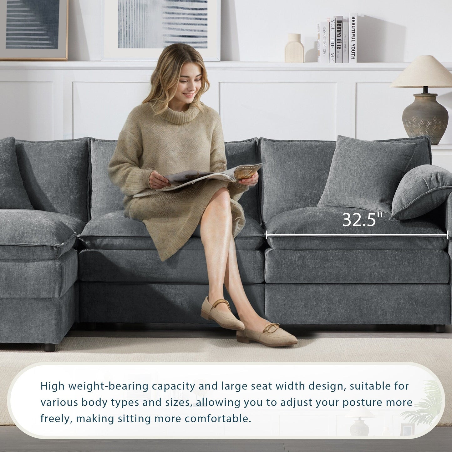 Canapé modulaire sectionnel en chenille avec assise profonde et large, ensemble de canapés nuage en L avec coussins doubles, canapé avec pouf amovible