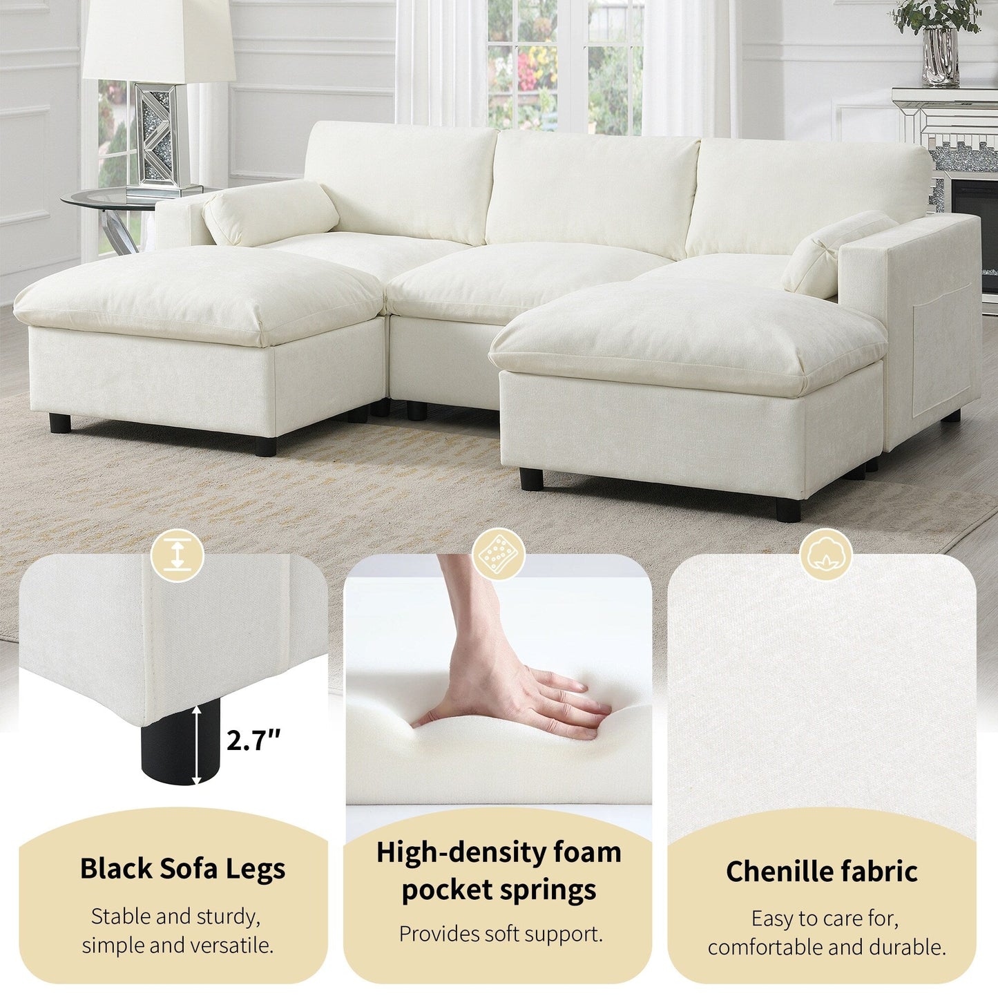 Canapé modulaire sectionnel en chenille avec poches de rangement, ensemble de canapé en U 5 places avec coussins, canapé Cloud avec 2 poufs amovibles