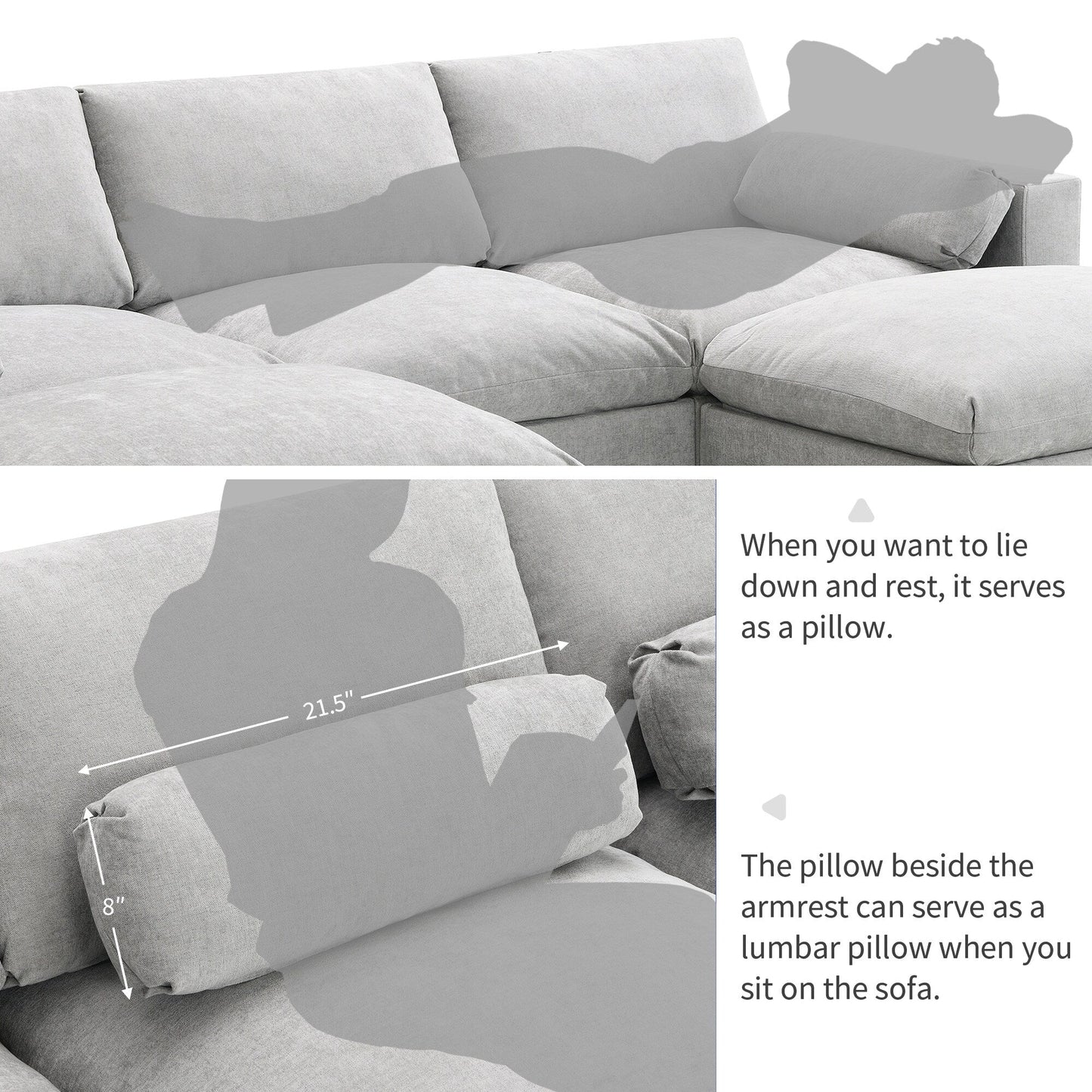 Canapé modulaire sectionnel en chenille avec poches de rangement, ensemble de canapé en U 5 places avec coussins, canapé Cloud avec 2 poufs amovibles