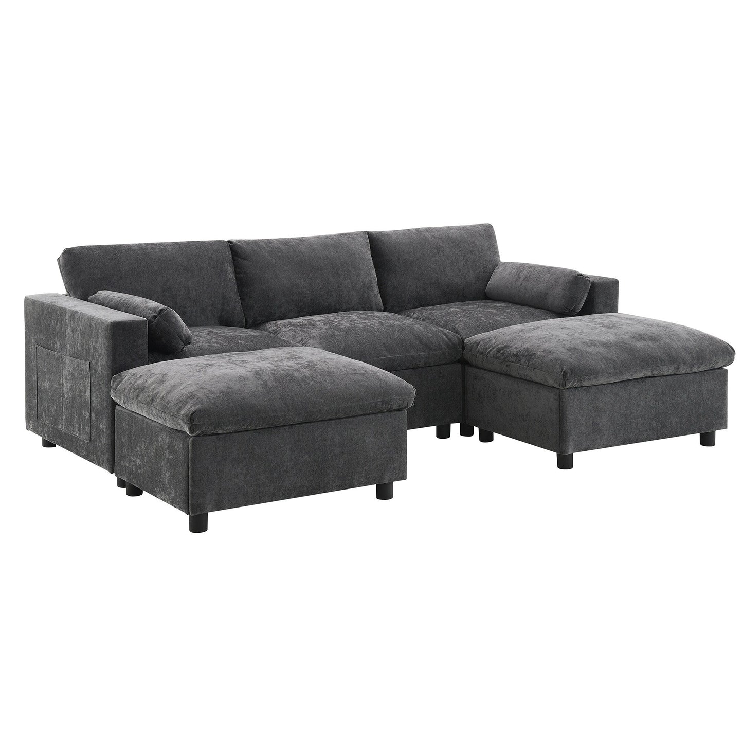 Canapé modulaire sectionnel en chenille avec poches de rangement, ensemble de canapé en U 5 places avec coussins, canapé Cloud avec 2 poufs amovibles