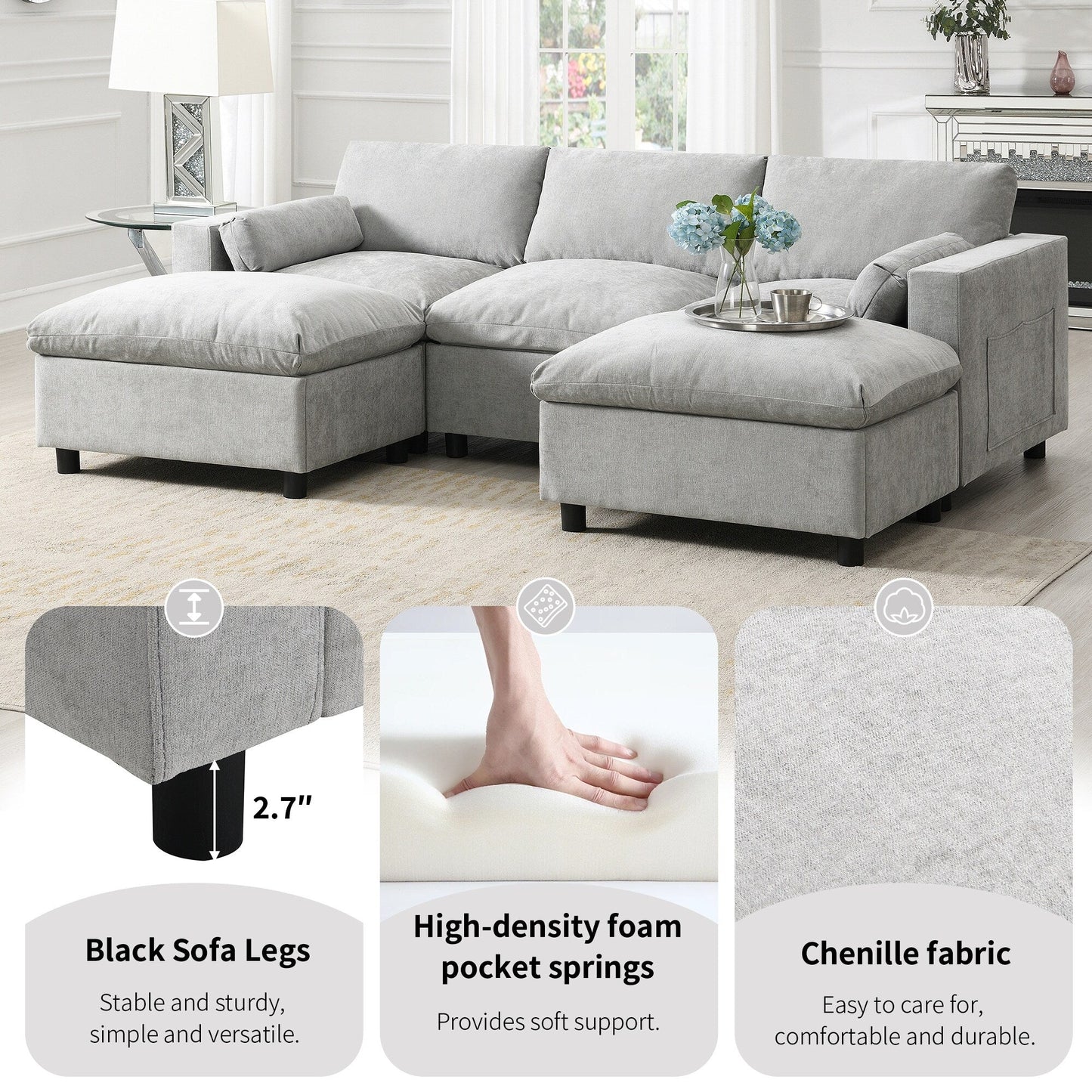 Canapé modulaire sectionnel en chenille avec poches de rangement, ensemble de canapé en U 5 places avec coussins, canapé Cloud avec 2 poufs amovibles