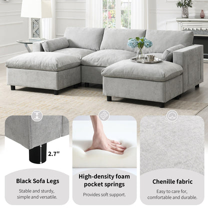 Canapé modulaire sectionnel en chenille avec poches de rangement, ensemble de canapé en U 5 places avec coussins, canapé Cloud avec 2 poufs amovibles