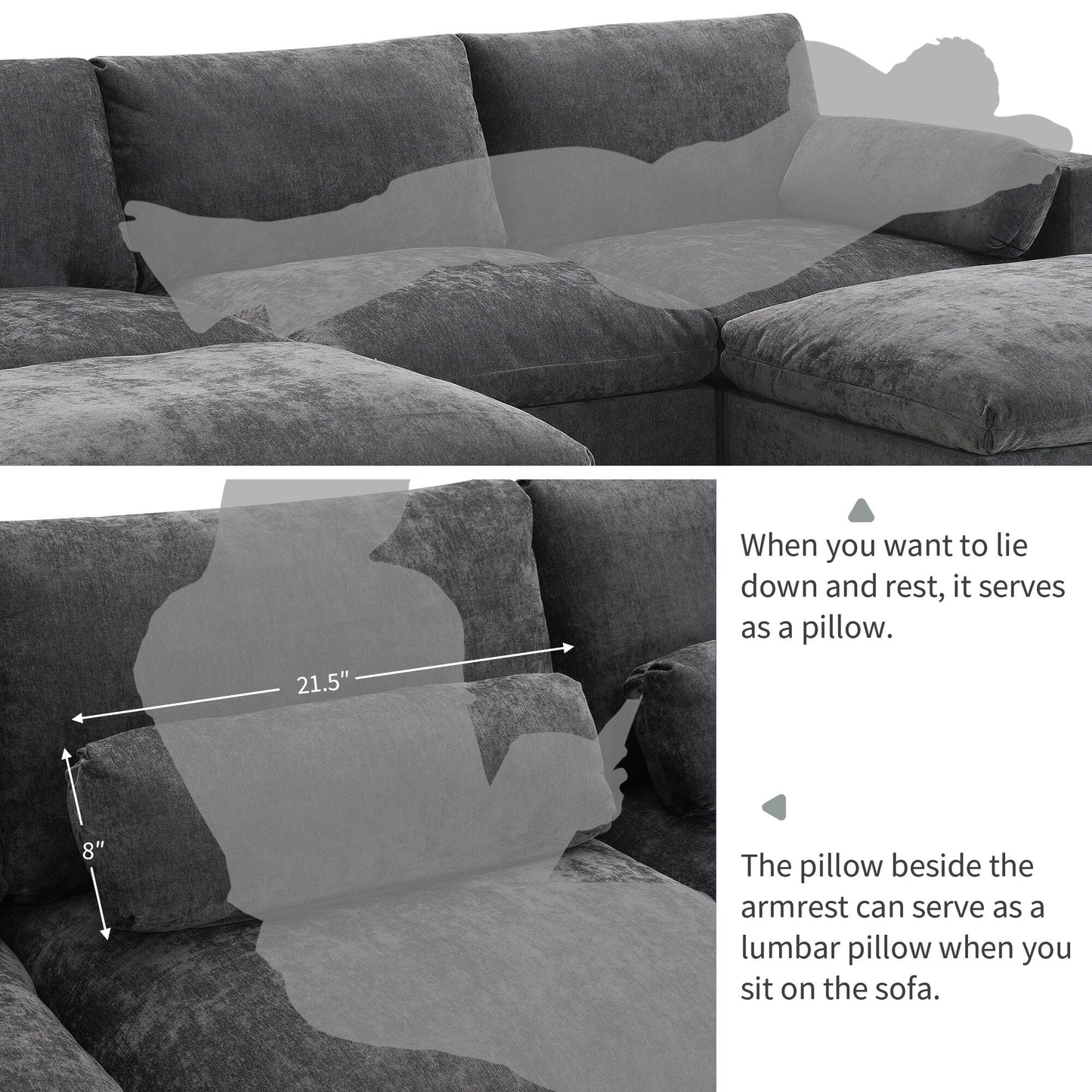 Canapé modulaire sectionnel en chenille avec poches de rangement, ensemble de canapé en U 5 places avec coussins, canapé Cloud avec 2 poufs amovibles