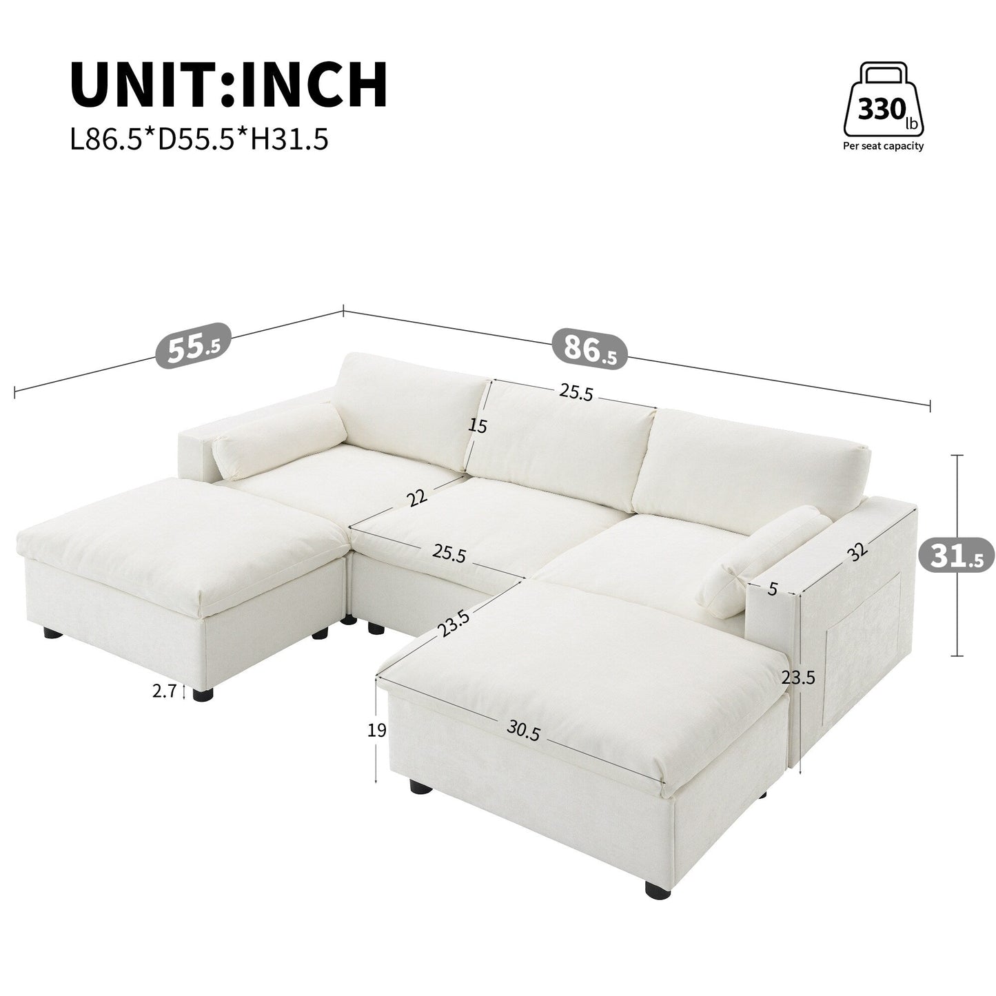 Canapé modulaire sectionnel en chenille avec poches de rangement, ensemble de canapé en U 5 places avec coussins, canapé Cloud avec 2 poufs amovibles