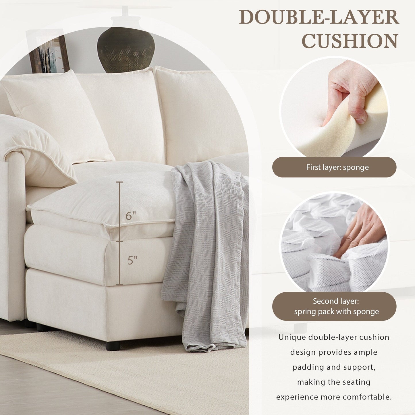 Canapé modulaire sectionnel en chenille, ensemble de canapés nuage en U avec coussins doubles, canapé 6 places avec poufs amovibles