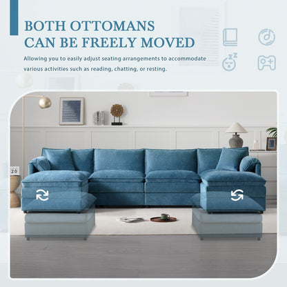 Canapé modulaire sectionnel en chenille, ensemble de canapés nuage en U avec coussins doubles, canapé 6 places avec poufs amovibles