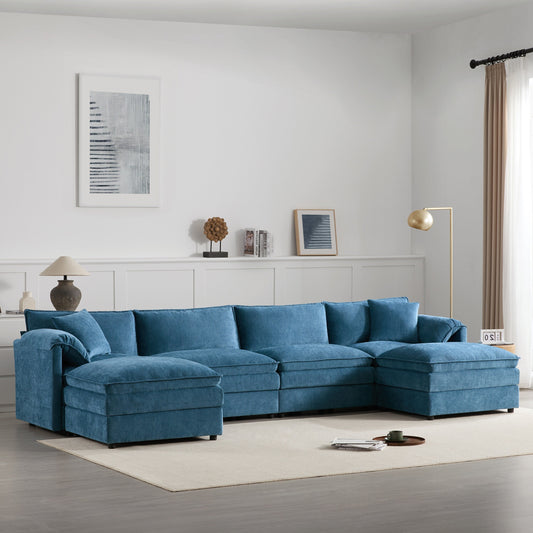 Canapé modulaire sectionnel en chenille, ensemble de canapés nuage en U avec coussins doubles, canapé 6 places avec poufs amovibles