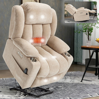 Fauteuil inclinable et massant à 8 points avec relevage électrique en chenille, chauffage de la taille, ports USB et porte-gobelet en acier inoxydable
