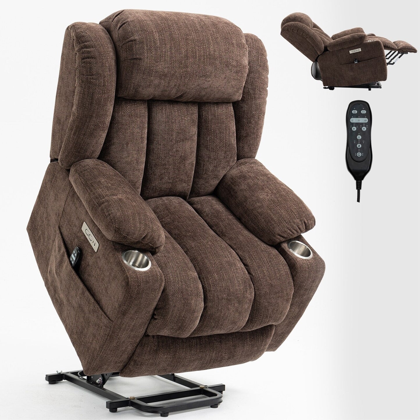 Fauteuil inclinable et massant à 8 points avec relevage électrique en chenille, chauffage de la taille, ports USB et porte-gobelet en acier inoxydable