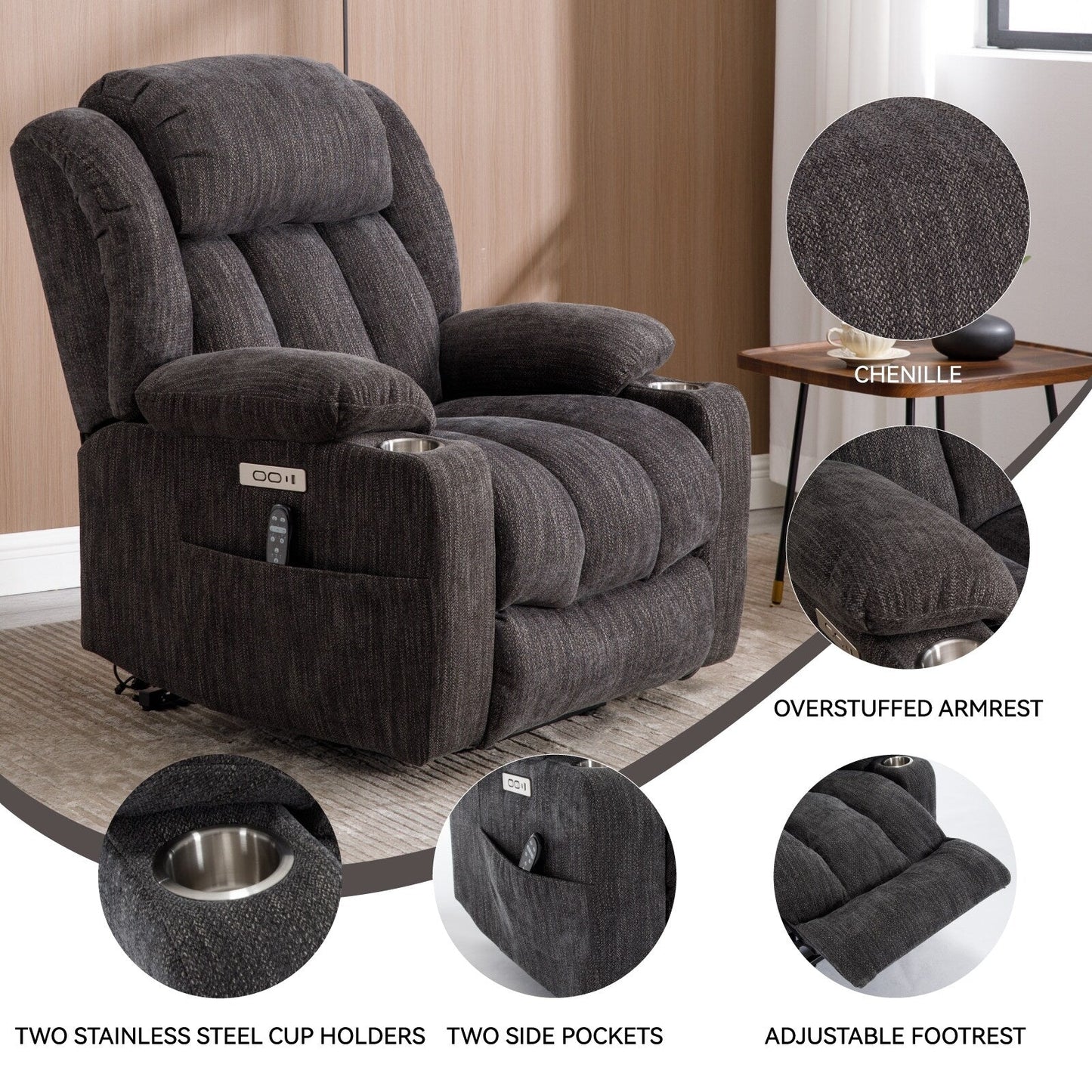 Fauteuil inclinable et massant à 8 points avec relevage électrique en chenille, chauffage de la taille, ports USB et porte-gobelet en acier inoxydable