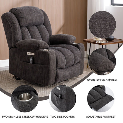 Fauteuil inclinable et massant à 8 points avec relevage électrique en chenille, chauffage de la taille, ports USB et porte-gobelet en acier inoxydable