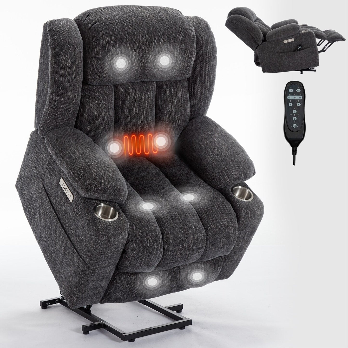 Fauteuil inclinable et massant à 8 points avec relevage électrique en chenille, chauffage de la taille, ports USB et porte-gobelet en acier inoxydable