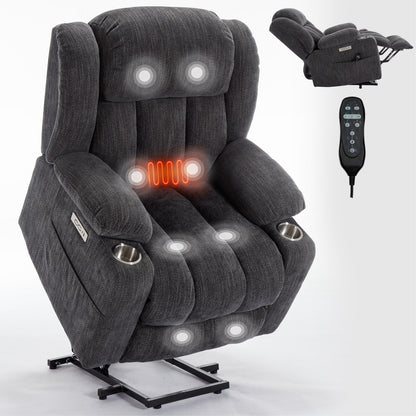 Fauteuil inclinable et massant à 8 points avec relevage électrique en chenille, chauffage de la taille, ports USB et porte-gobelet en acier inoxydable