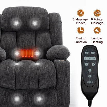 Fauteuil inclinable et massant à 8 points avec relevage électrique en chenille, chauffage de la taille, ports USB et porte-gobelet en acier inoxydable