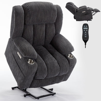Fauteuil inclinable et massant à 8 points avec relevage électrique en chenille, chauffage de la taille, ports USB et porte-gobelet en acier inoxydable