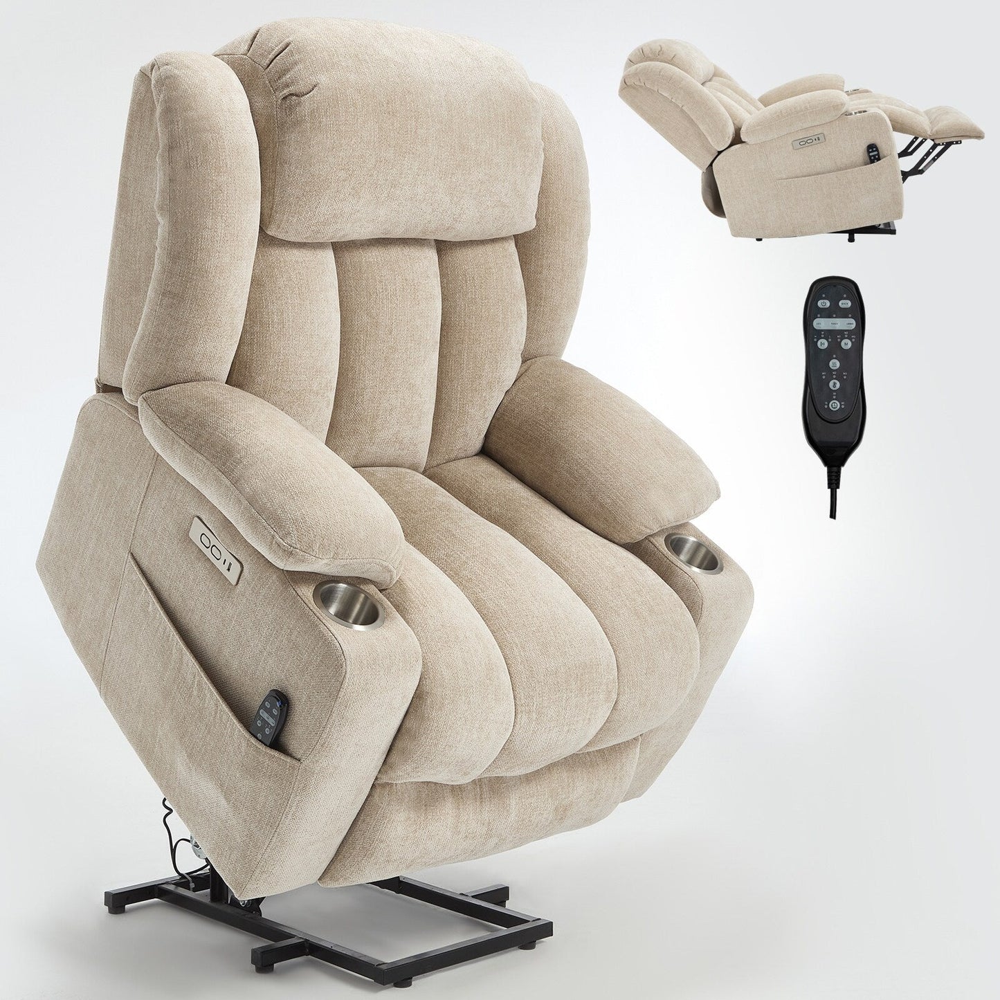 Fauteuil inclinable et massant à 8 points avec relevage électrique en chenille, chauffage de la taille, ports USB et porte-gobelet en acier inoxydable