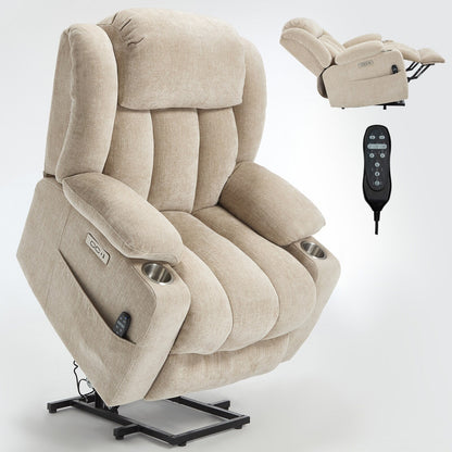 Fauteuil inclinable et massant à 8 points avec relevage électrique en chenille, chauffage de la taille, ports USB et porte-gobelet en acier inoxydable