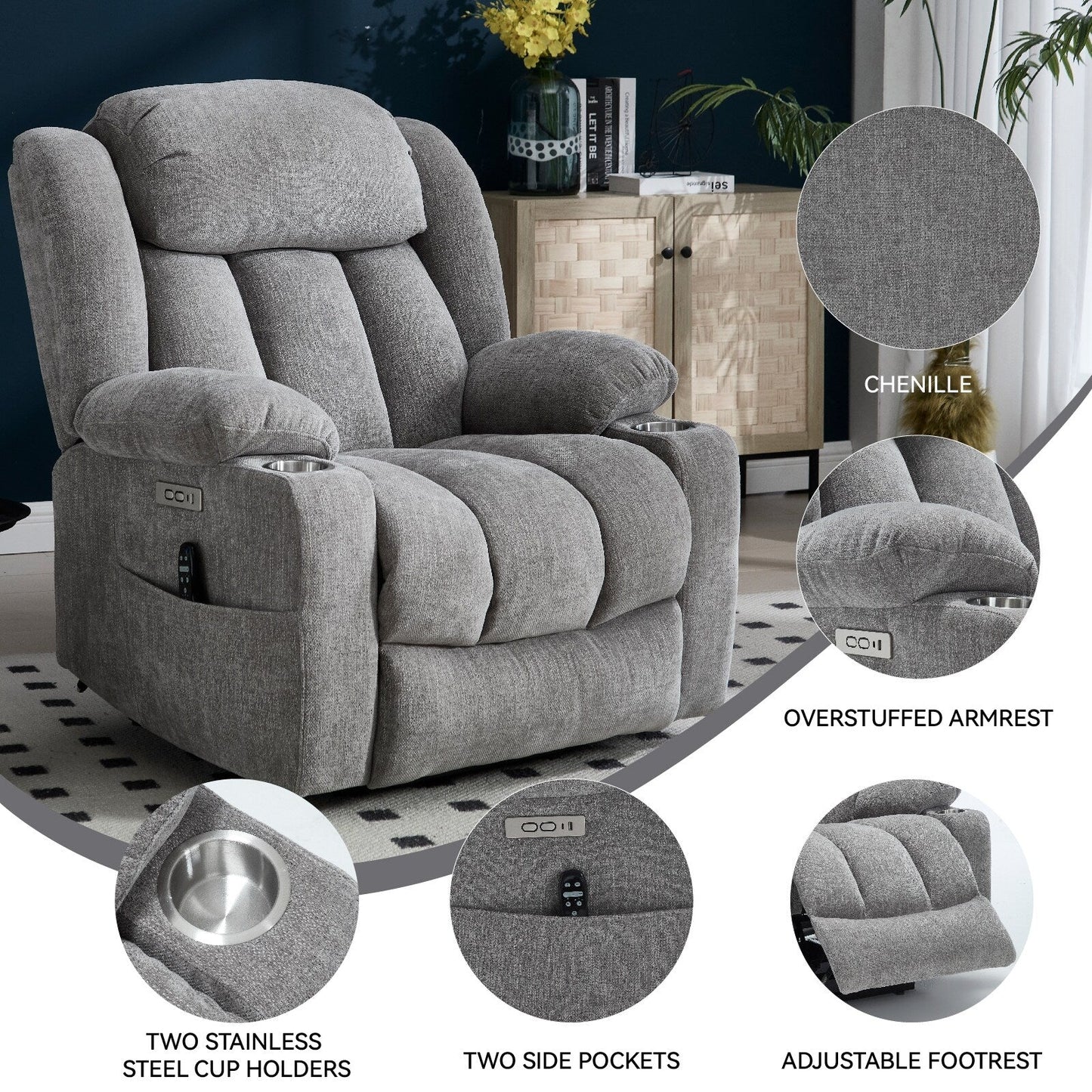 Fauteuil inclinable et massant à 8 points avec relevage électrique en chenille, chauffage de la taille, ports USB et porte-gobelet en acier inoxydable