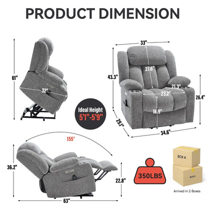 Fauteuil inclinable et massant à 8 points avec relevage électrique en chenille, chauffage de la taille, ports USB et porte-gobelet en acier inoxydable