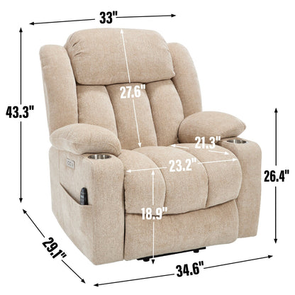 Fauteuil inclinable et massant à 8 points avec relevage électrique en chenille, chauffage de la taille, ports USB et porte-gobelet en acier inoxydable
