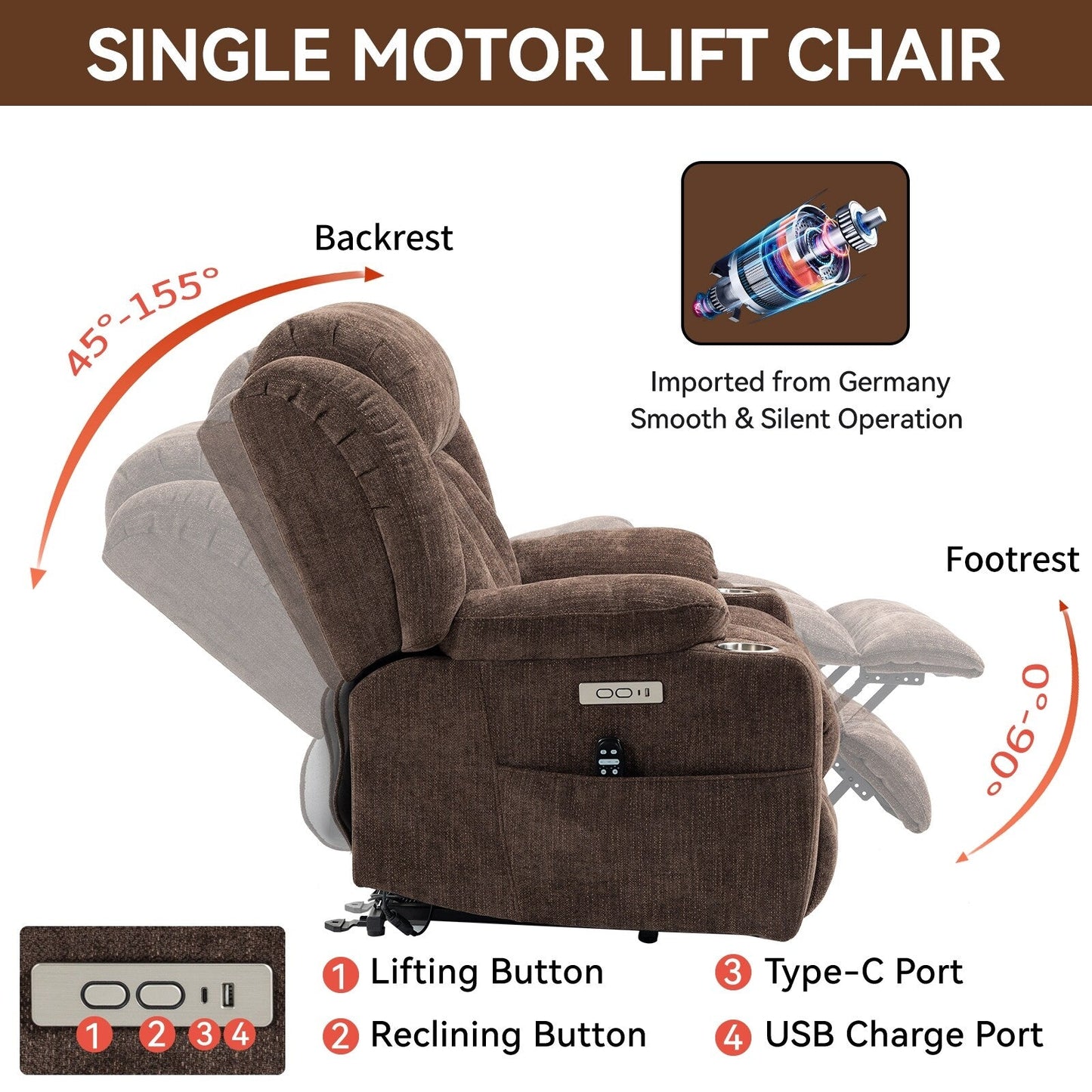 Fauteuil inclinable et massant à 8 points avec relevage électrique en chenille, chauffage de la taille, ports USB et porte-gobelet en acier inoxydable