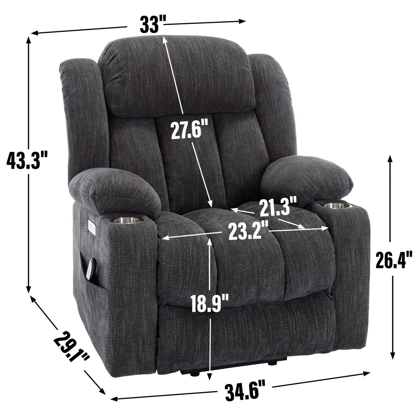 Fauteuil inclinable et massant à 8 points avec relevage électrique en chenille, chauffage de la taille, ports USB et porte-gobelet en acier inoxydable