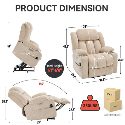 Fauteuil inclinable et massant à 8 points avec relevage électrique en chenille, chauffage de la taille, ports USB et porte-gobelet en acier inoxydable