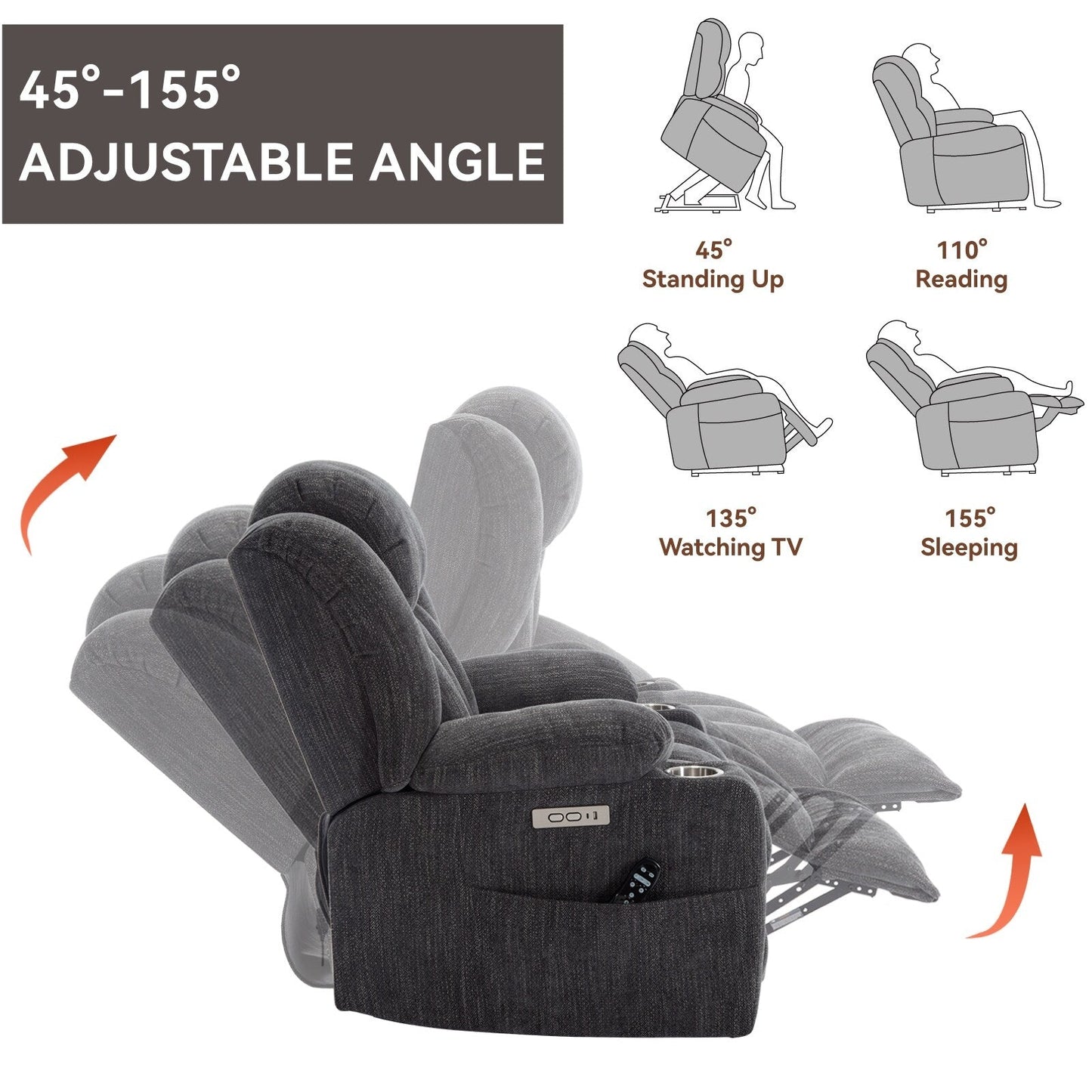 Fauteuil inclinable électrique Chenille avec massage et chauffage lombaire, deux porte-gobelets