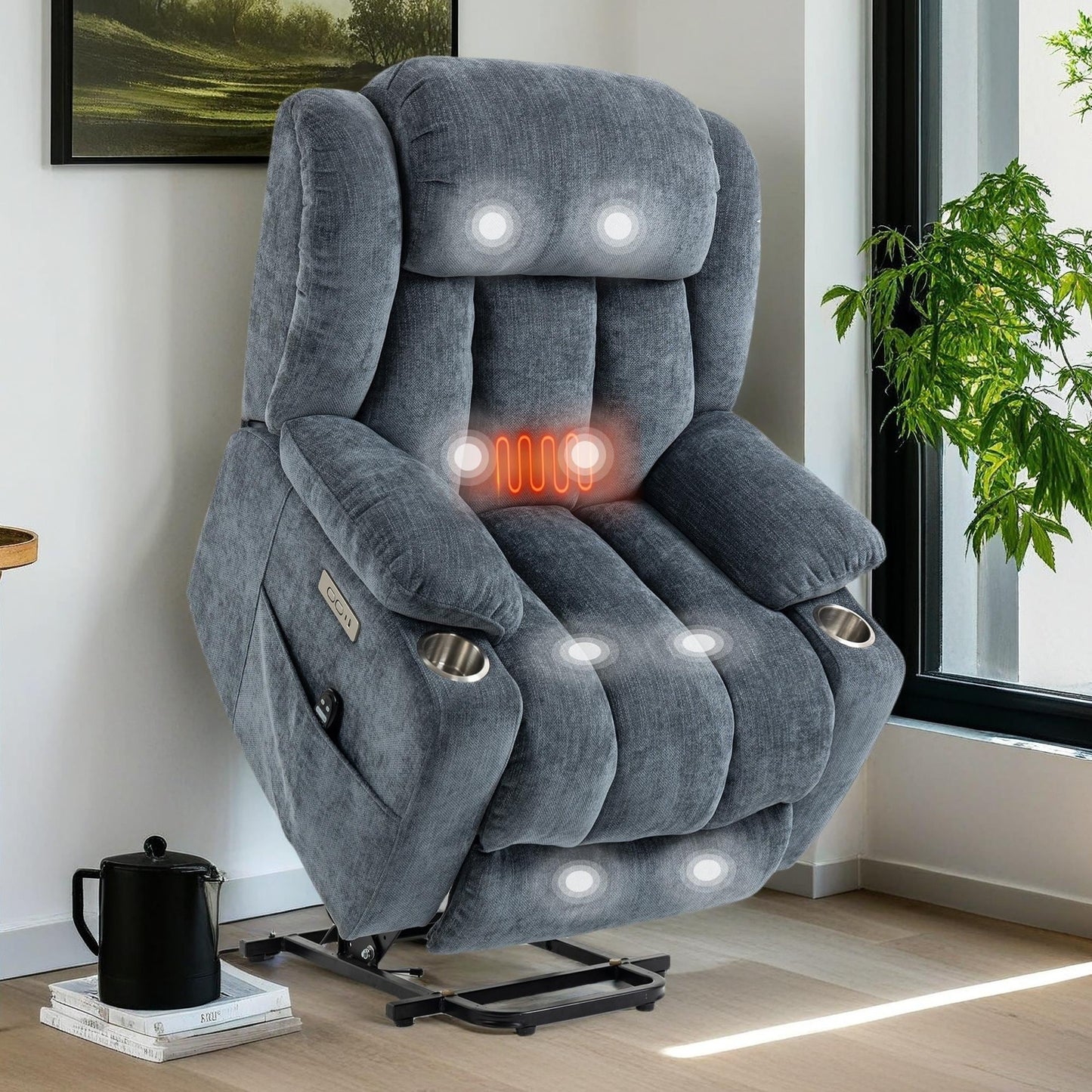 Fauteuil inclinable électrique Chenille avec massage et chauffage lombaire, deux porte-gobelets