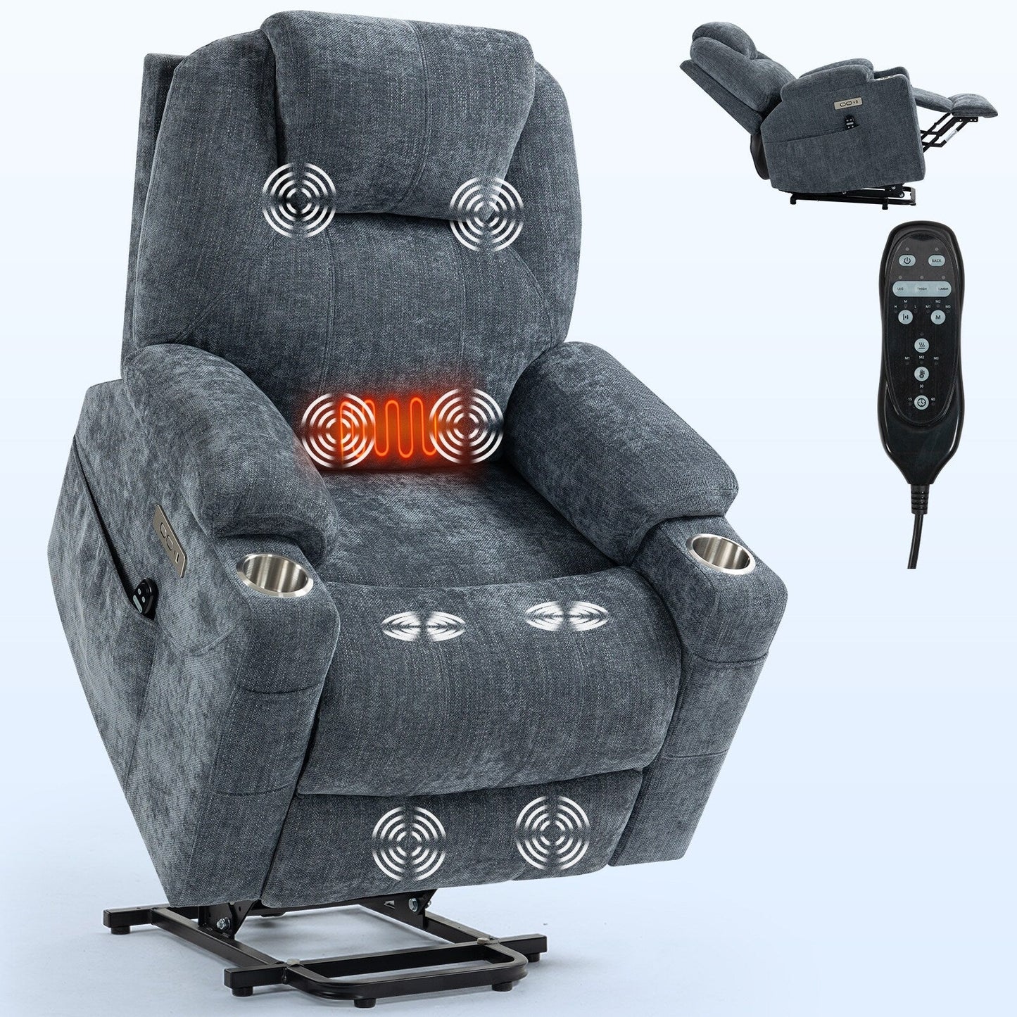 Fauteuil inclinable électrique Chenille avec massage et chauffage lombaire, ports USB et Type-C, porte-gobelet en acier inoxydable