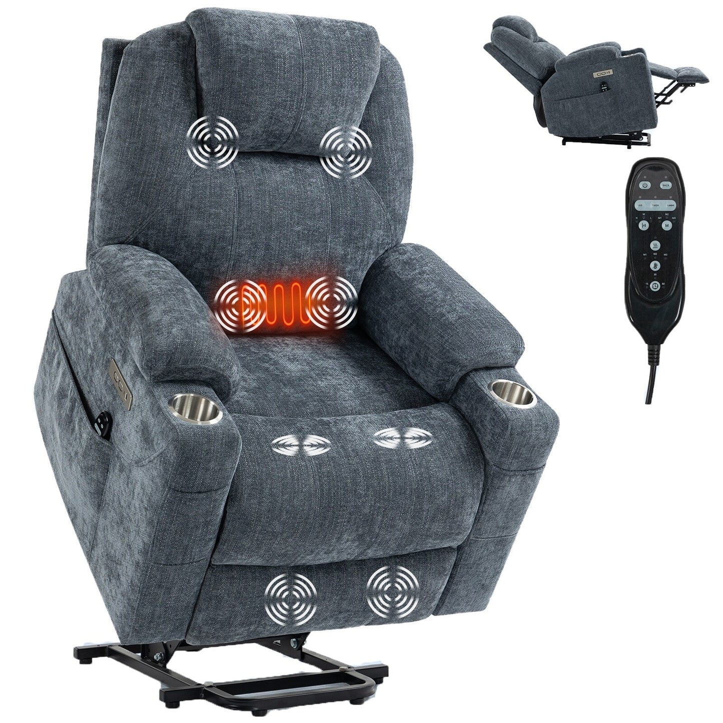 Fauteuil inclinable électrique Chenille avec massage et chauffage lombaire, ports USB et Type-C, porte-gobelet en acier inoxydable