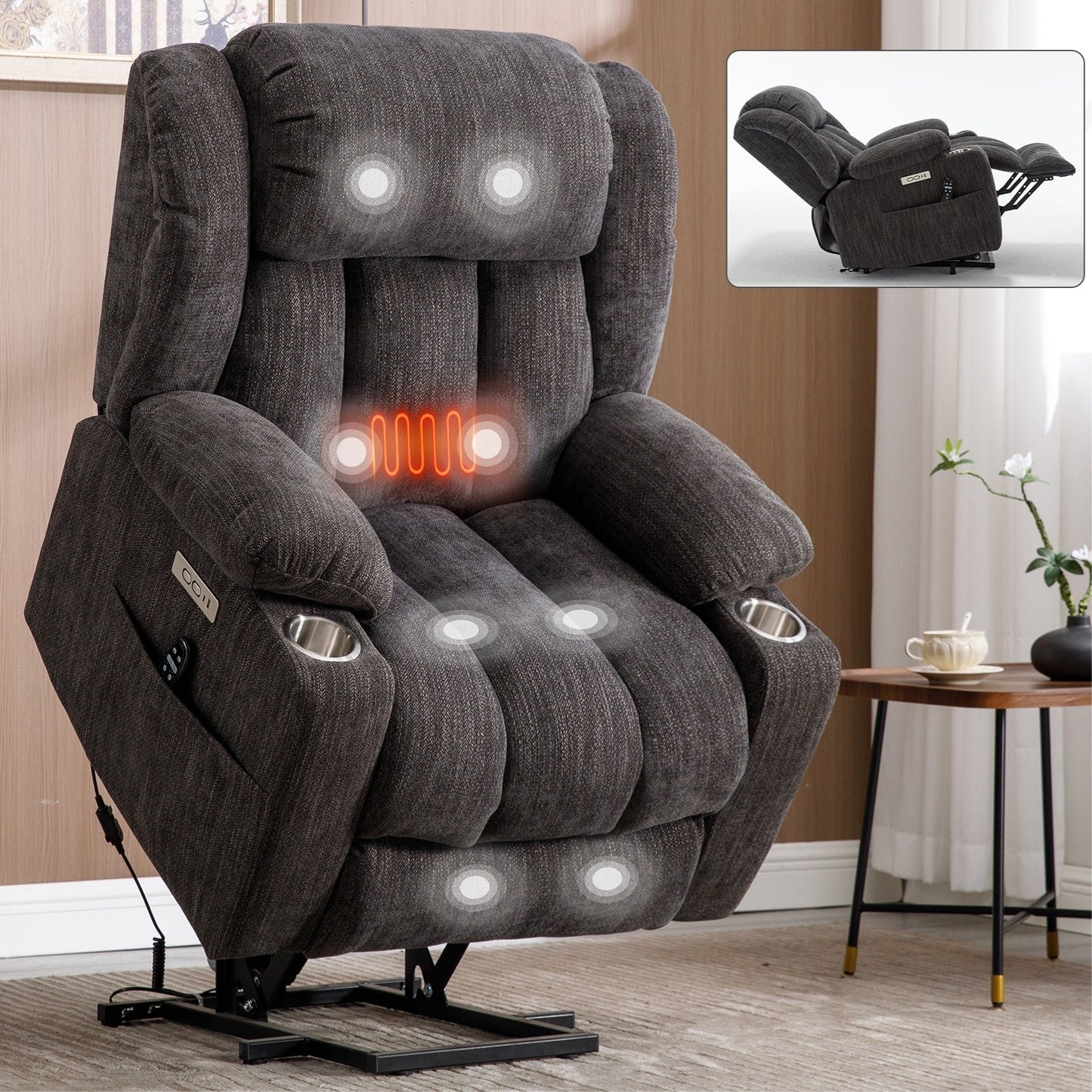 Fauteuil inclinable électrique Chenille avec massage, chauffage, port USB, Type-C et porte-gobelets