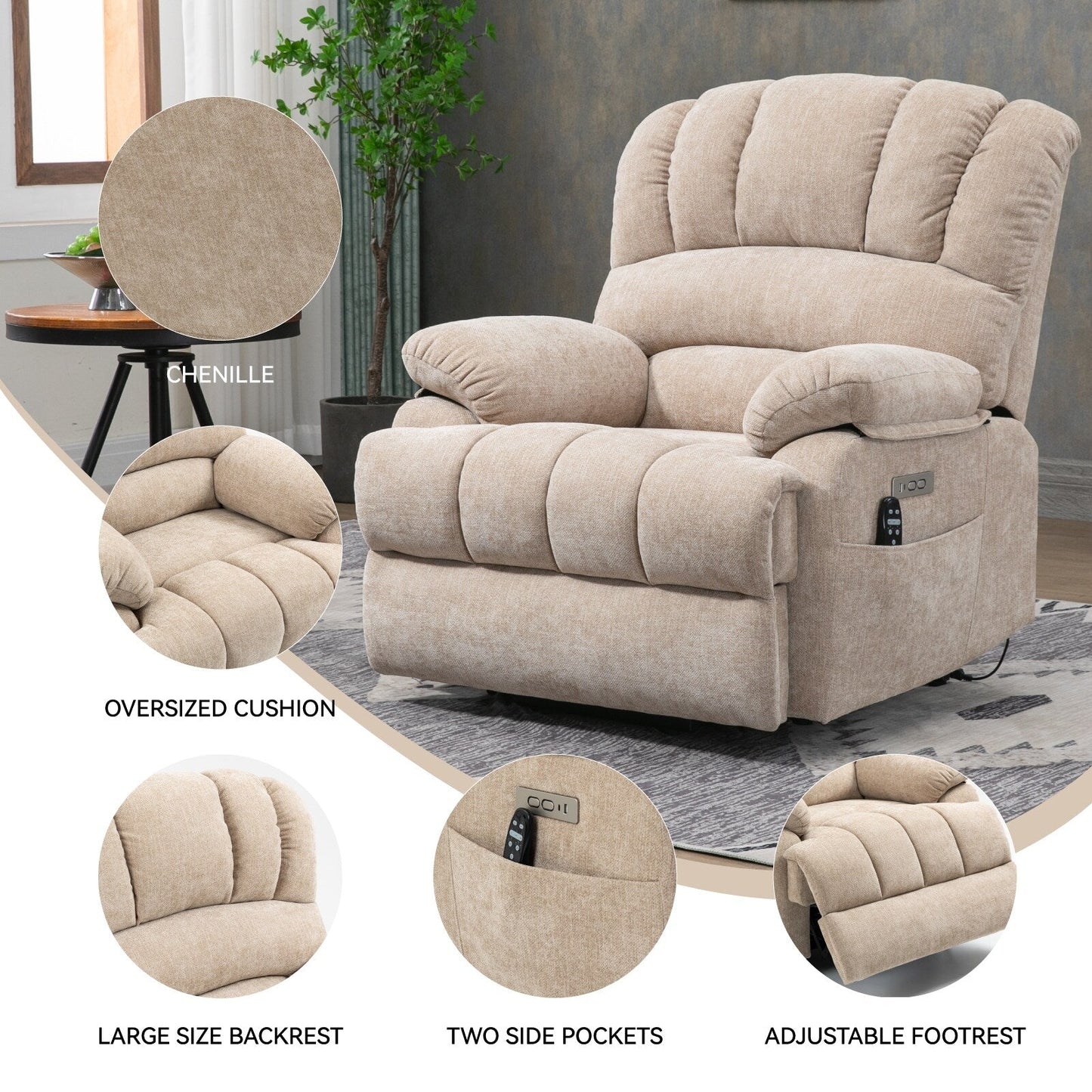 Fauteuil inclinable électrique Chenille avec massage thermique, USB, inclinaison maximale de 155°