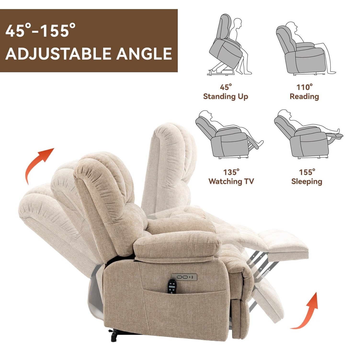Fauteuil inclinable électrique Chenille avec massage thermique, USB, inclinaison maximale de 155°