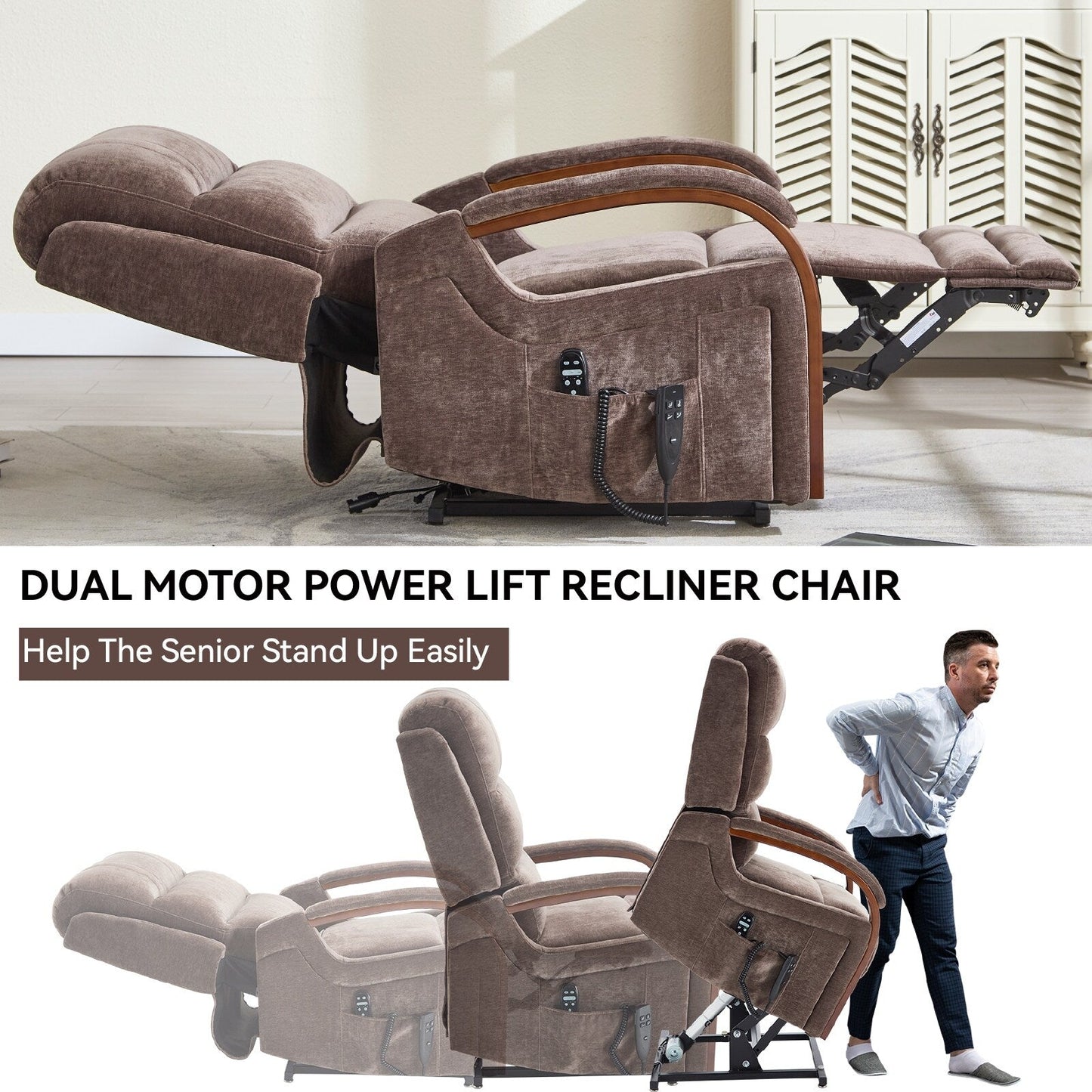 Fauteuil inclinable électrique en chenille avec massage et accoudoirs en bois