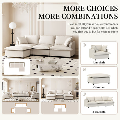 Canapé sectionnel en chenille avec pouf, ensemble de canapés nuage en forme de L avec coussins décoratifs, combinaison libre, 4 places modulaires rembourrées