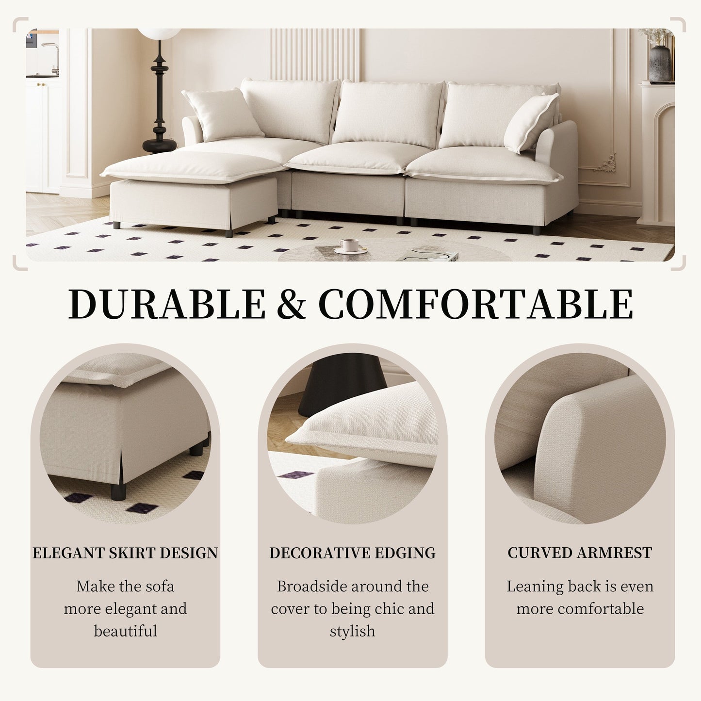 Canapé sectionnel en chenille avec pouf, ensemble de canapés nuage en forme de L avec coussins décoratifs, combinaison libre, 4 places modulaires rembourrées