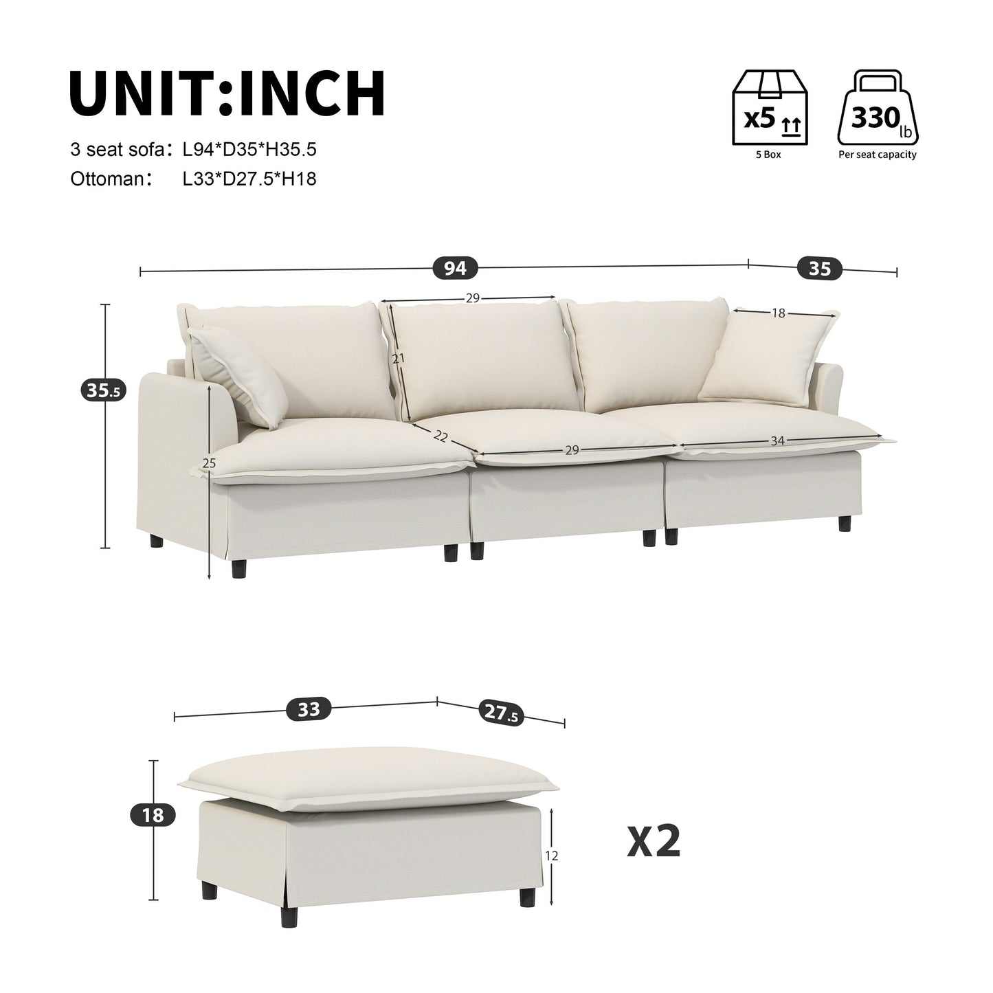 Canapé sectionnel en chenille avec pouf, ensemble de canapé-lit nuage en U avec oreillers, combinaison libre, modulable 5 places rembourré