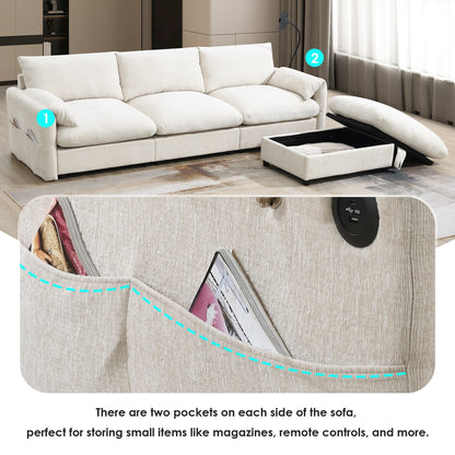 Canapé sectionnel en chenille avec pouf de rangement et poches, support de téléphone réglable, assise large, ensemble de canapé en L avec chargeur USB