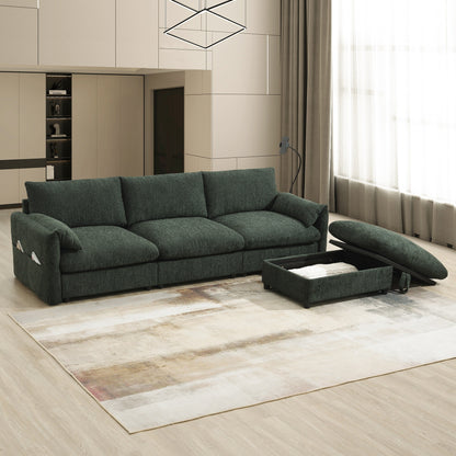 Canapé sectionnel en chenille avec pouf de rangement et poches, support de téléphone réglable, assise large, ensemble de canapé en L avec chargeur USB