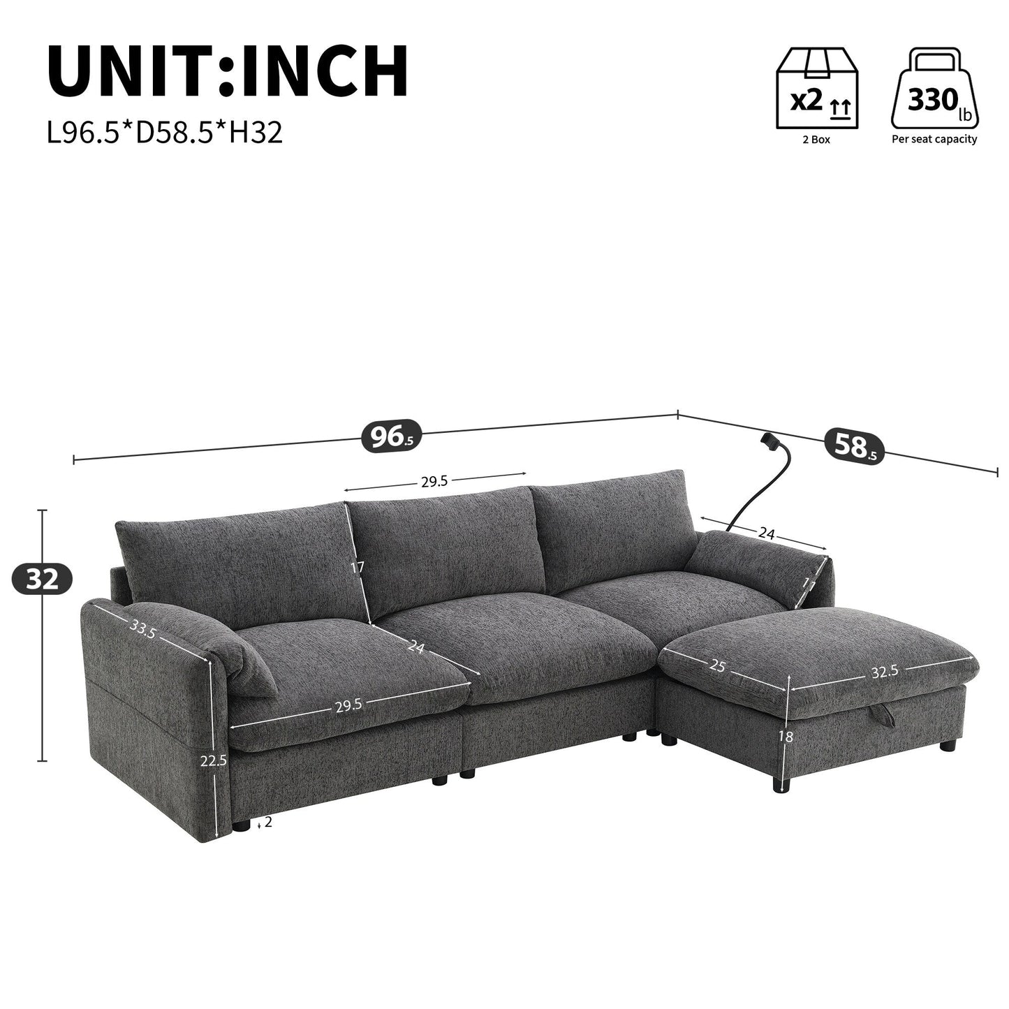 Canapé sectionnel en chenille avec pouf de rangement et poches, support de téléphone réglable, assise large, ensemble de canapé en L avec chargeur USB